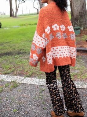 Natural Life Calla Jacquard Cardigan Sweater Rust Boho Floral Cozy Bouclé S/M